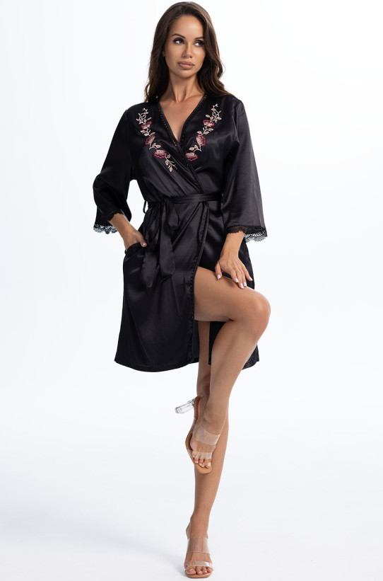 Халат короткий женский Valensia 3263 'Mia-Amore' - шелк70%, черный, с цветочной вышивкой 