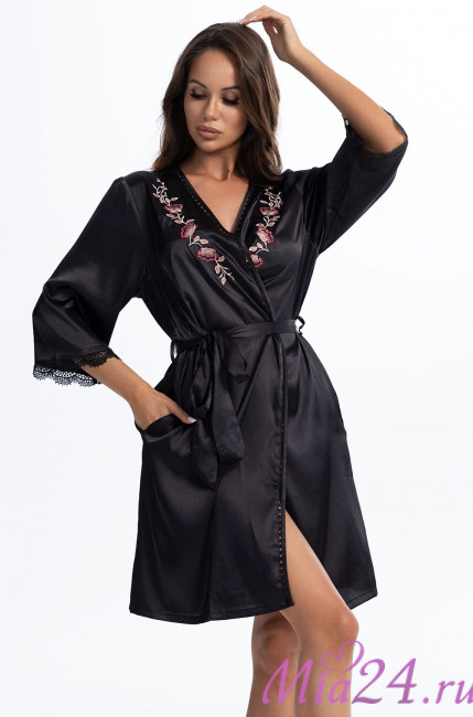 Халат короткий женский Valensia 3263 'Mia-Amore' - шелк70%, черный, с цветочной вышивкой 