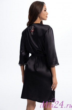 Халат короткий женский Valensia 3263 'Mia-Amore' - шелк70%, черный, с цветочной вышивкой 