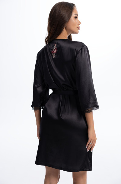 Халат короткий женский Valensia 3263 'Mia-Amore' - шелк70%, черный, с цветочной вышивкой 