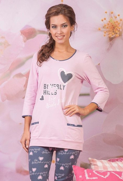 728 Пижама женская "Cleo" розовый, темно-серый