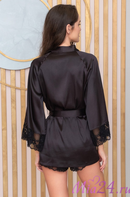 Комплект халат короткий с топом и шортами шелковый Mia-Amore "Adelina" 4177 черный 