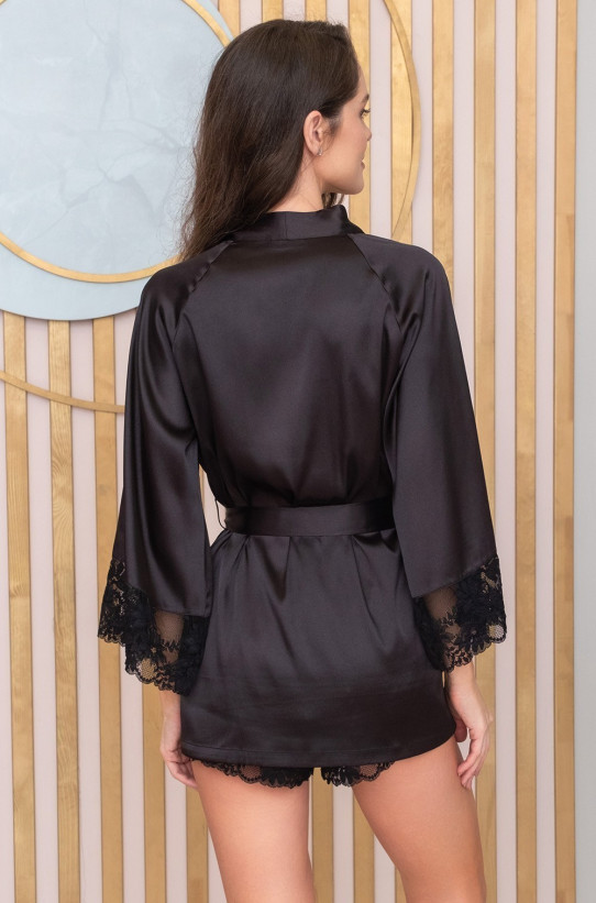 Комплект халат короткий с топом и шортами шелковый Mia-Amore "Adelina" 4177 черный