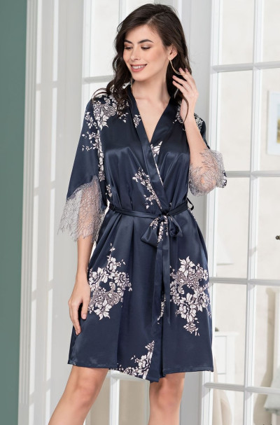 Халат шелковый с кружевом Mia Amore "Alexandria" 3573 синий