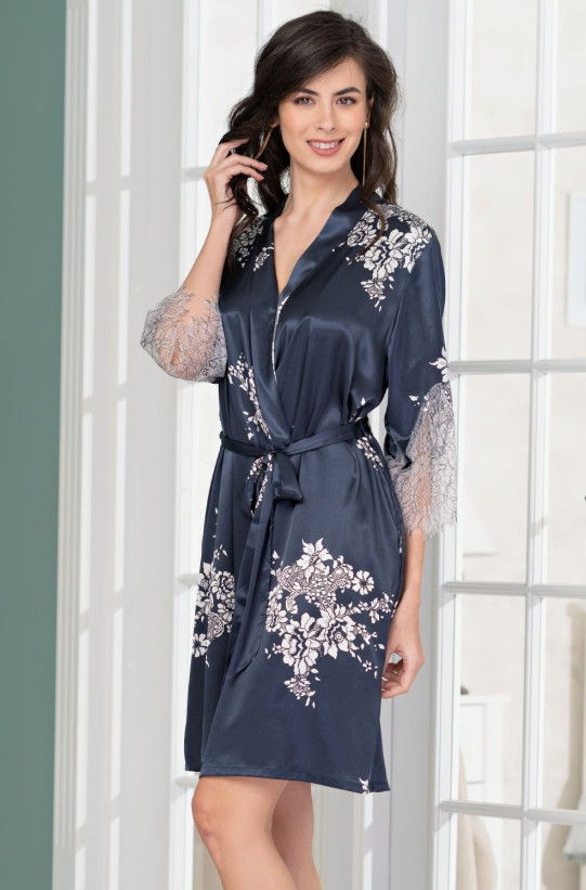Халат шелковый с кружевом Mia Amore "Alexandria" 3573 синий