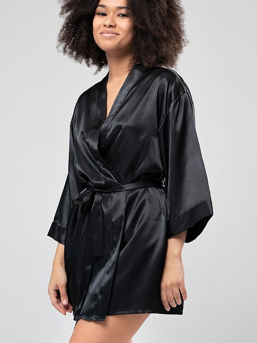Халат-кимоно короткий женский из атласа Istinto di Opium 701 черный 