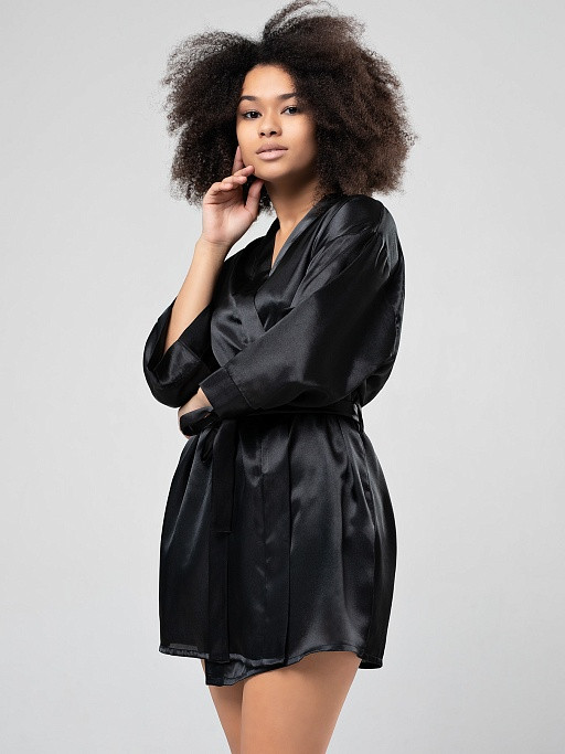 Халат-кимоно короткий женский из атласа Istinto di Opium 701 черный 