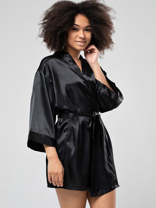 Халат-кимоно короткий женский из атласа Istinto di Opium 701 черный 