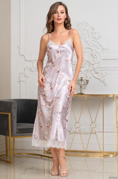 Сорочка Seline 3711 'Mia-Amore' - длинная, из шелка с принтом, с кружевом 