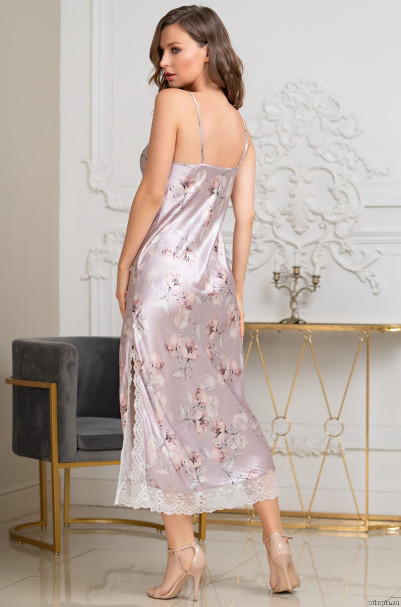 Сорочка Seline 3711 'Mia-Amore' - длинная, из шелка с принтом, с кружевом 