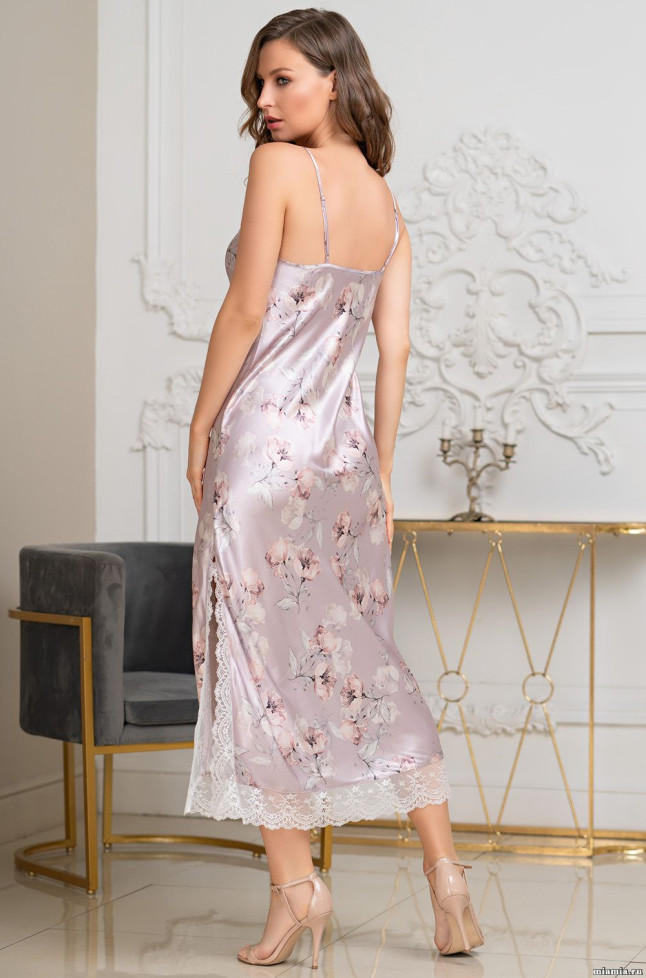 Сорочка Seline 3711 'Mia-Amore' - длинная, из шелка с принтом, с кружевом 