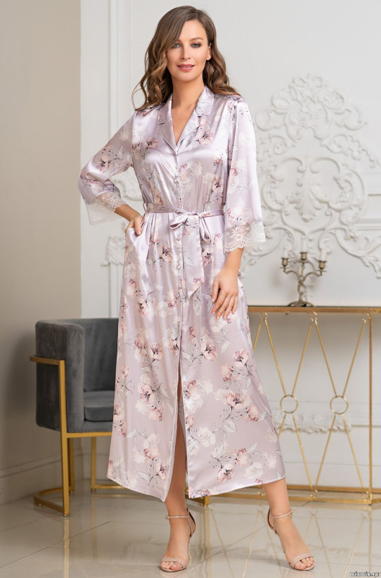 Халат длинный женский Seline 3719 'Mia-Amore' - на пуговицах, шелковый, с кружевом 