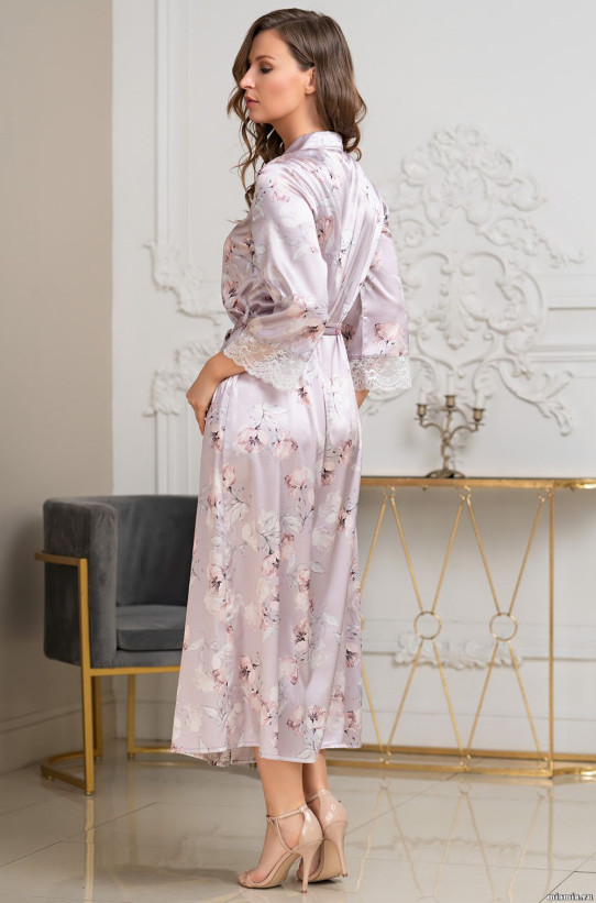 Халат длинный женский Seline 3719 'Mia-Amore' - на пуговицах, шелковый, с кружевом 