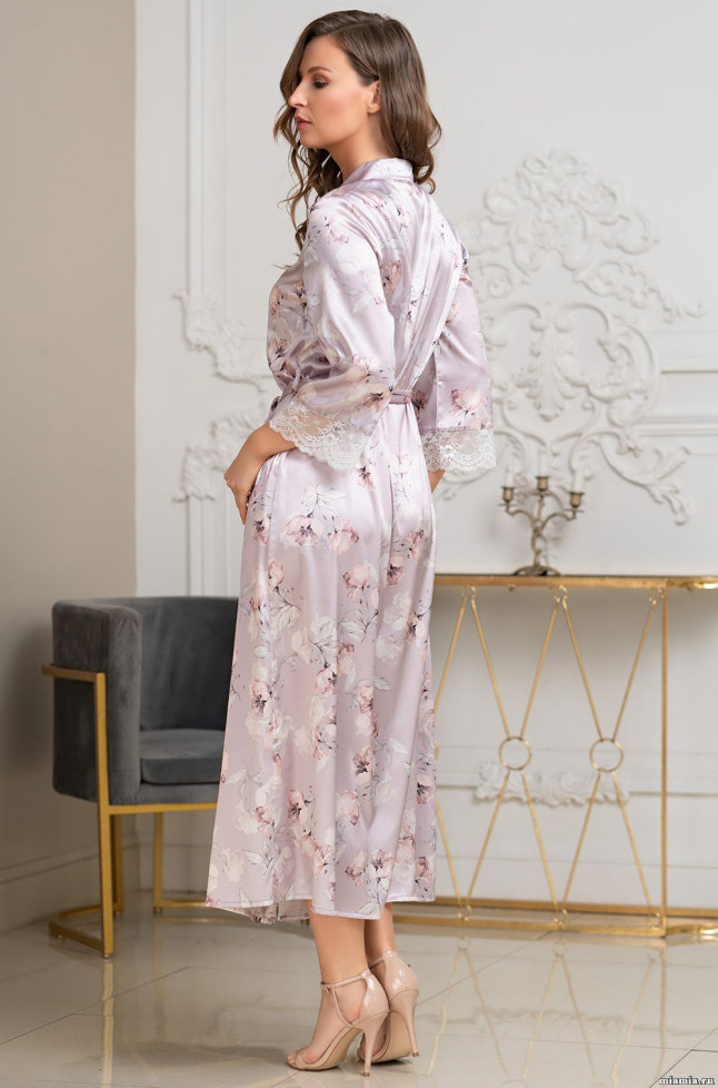 Халат длинный женский Seline 3719 'Mia-Amore' - на пуговицах, шелковый, с кружевом 