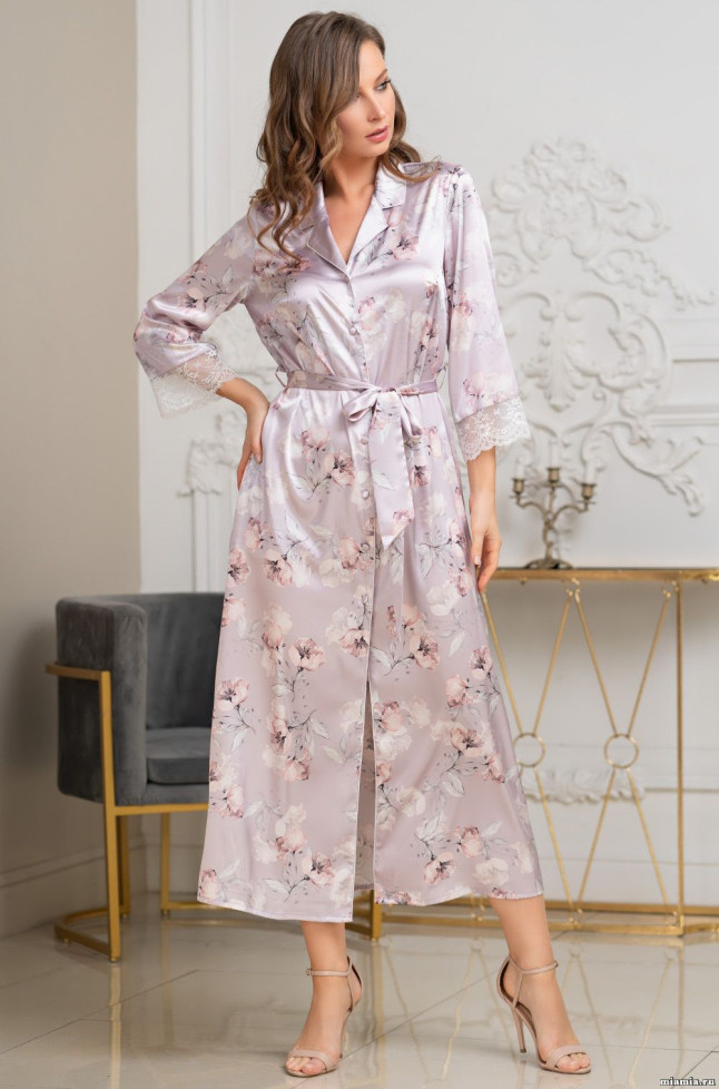 Халат длинный женский Seline 3719 'Mia-Amore' - на пуговицах, шелковый, с кружевом 
