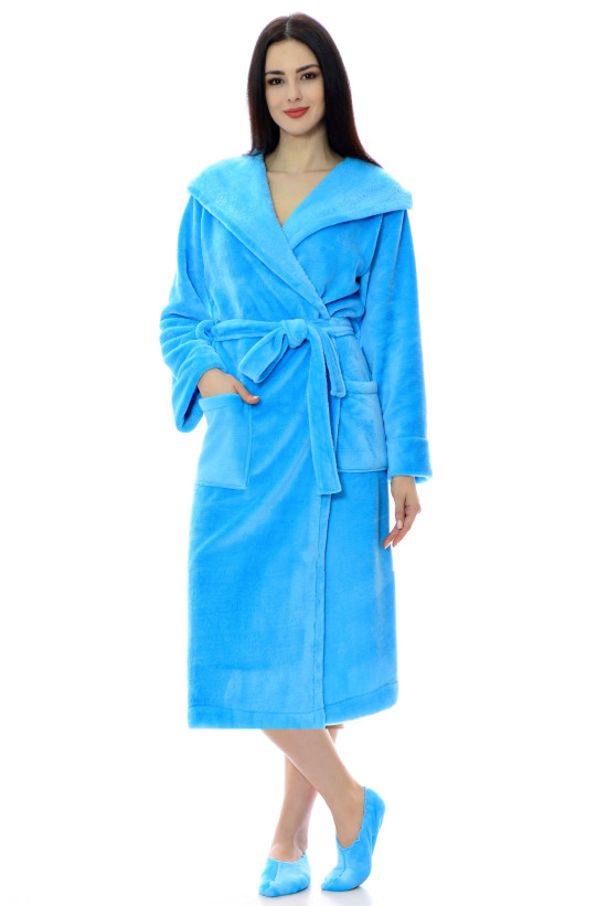 Длинный женский халат из велсофта с капюшоном S-Family бирюза