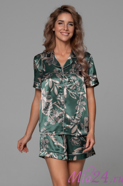 Комплект женский Carmina 4844 'Mia-Amore' - рубашка и шорты, шелковый, изумрудный