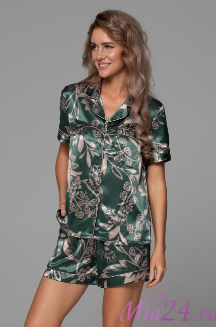Комплект женский Carmina 4844 'Mia-Amore' - рубашка и шорты, шелковый, изумрудный
