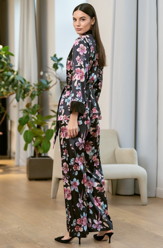 Комплект женский Alicia (Алисия) 4075 Mia-Amore - жакет и брюки, с контрастным кантом и поясом, из шелка с принтом