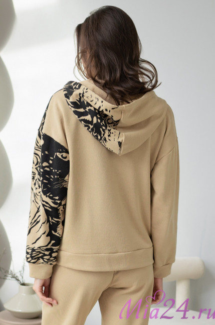 Комплект женский домашний Leo 5006 'Mia-Amore' - худи и брюки, хлопок, цвет песочный 