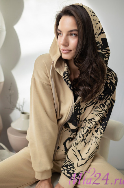 Комплект женский домашний Leo 5006 'Mia-Amore' - худи и брюки, хлопок, цвет песочный 