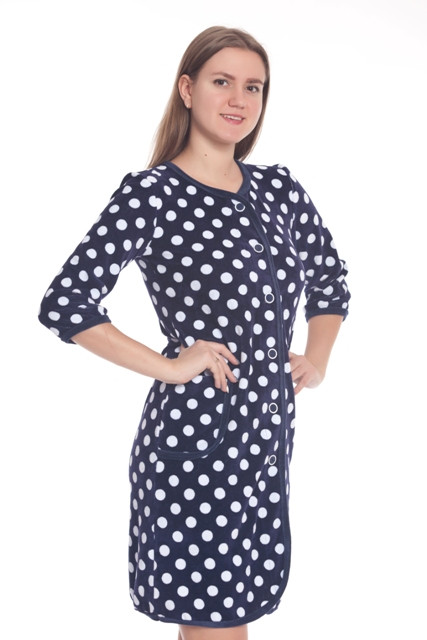 Халат велюровый на пуговицах "Весталия" 3164 синий горох