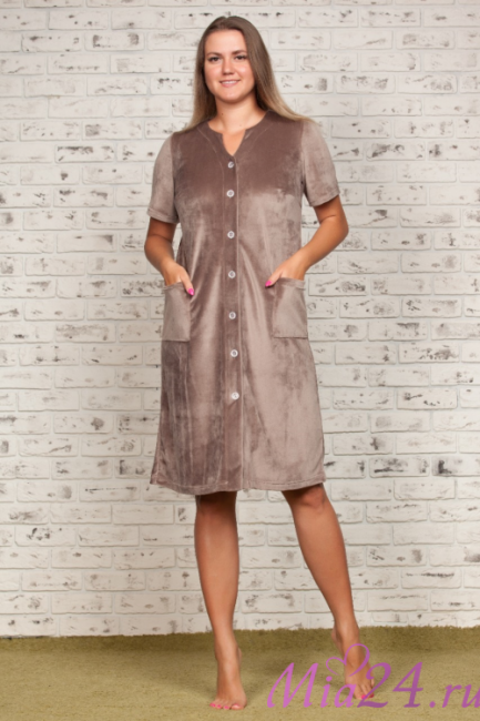 Халат велюровый на пуговицах "Весталия" 3779 кофейный
