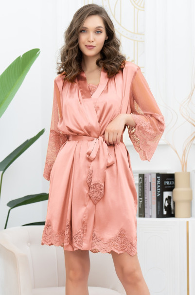 Халат короткий запашной женский Aurelia (Аурелия) 3893 Mia-Amore - цвет чайная роза, с кружевом, карманами и поясом