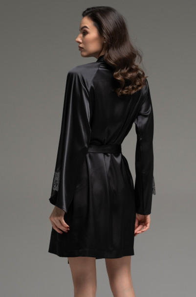 Халат короткий запашной женский Lilirose 4593 'Mia-Amore' - шелковый, черный