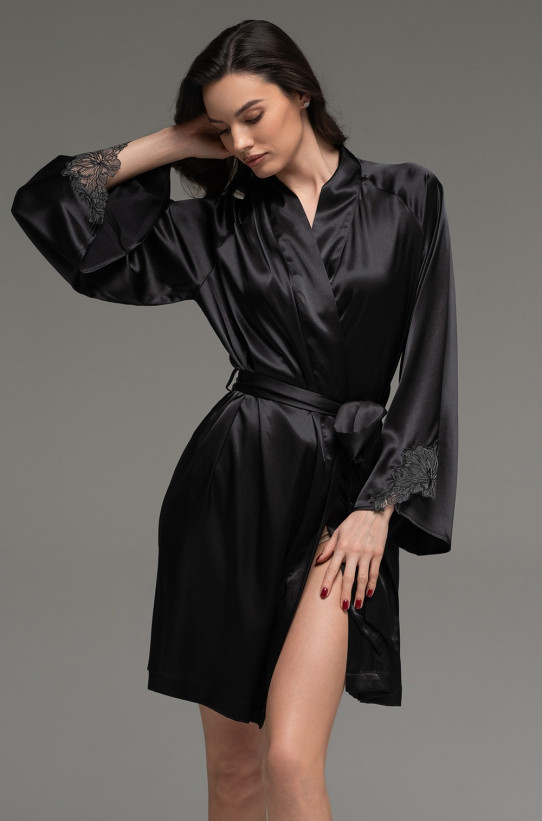 Халат короткий запашной женский Lilirose 4593 'Mia-Amore' - шелковый, черный