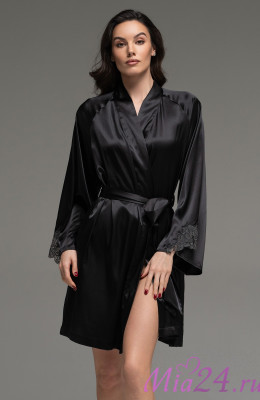 Халат короткий запашной женский Lilirose 4593 'Mia-Amore' - шелковый, черный