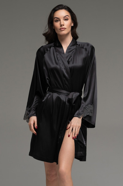 Халат короткий запашной женский Lilirose 4593 'Mia-Amore' - шелковый, черный