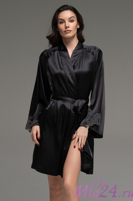 Халат короткий запашной женский Lilirose 4593 'Mia-Amore' - шелковый, черный Халат короткий запашной женский Lilirose 4593 'Mia-Amore' - шелковый, черный