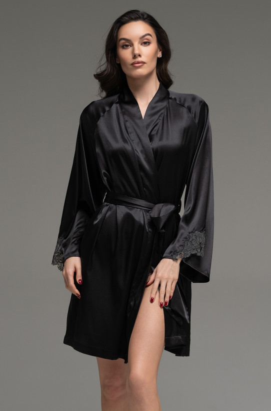 Халат короткий запашной женский Lilirose 4593 'Mia-Amore' - шелковый, черный