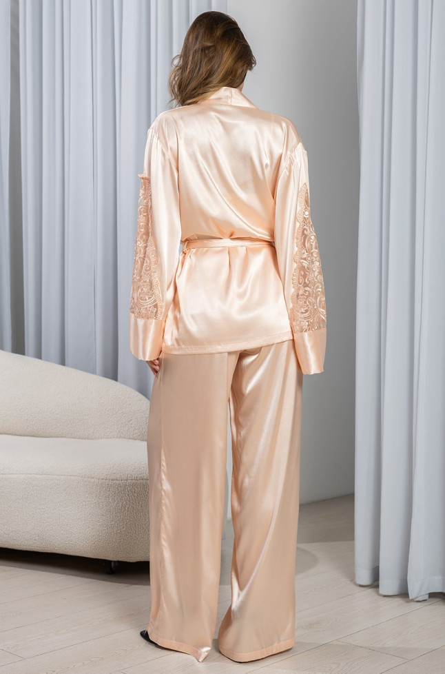 Комплект-тройка женский Marjory 3966 'Mia-Amore' - цвет персик, топ, брюки-палаццо и жакет, шелковый, с кружевом 