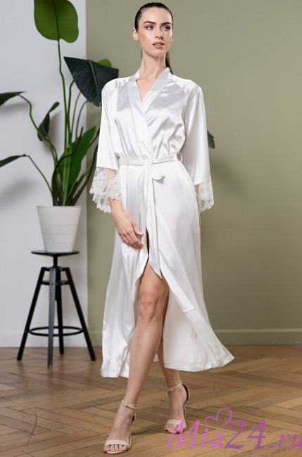 Халат длинный женский шелковый Mia-Amore "White Swan" 3559 молочный