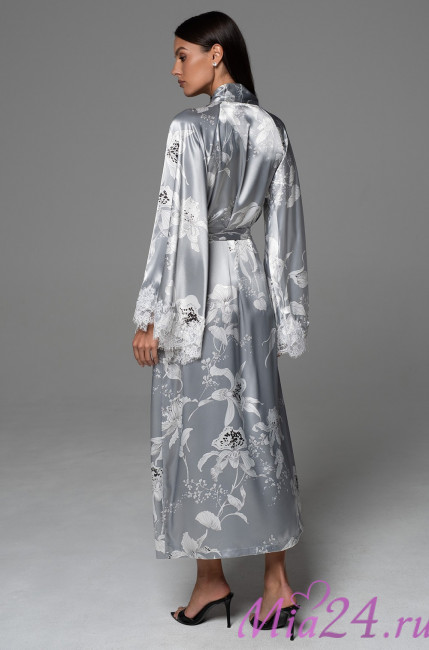 Халат длинный кимоно женский Arabel 4779 'Mia-Amore' - серебристый, шелковый, с кружевом