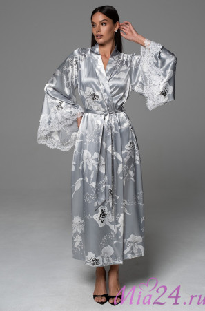 Халат длинный кимоно женский Arabel 4779 'Mia-Amore' - серебристый, шелковый, с кружевом