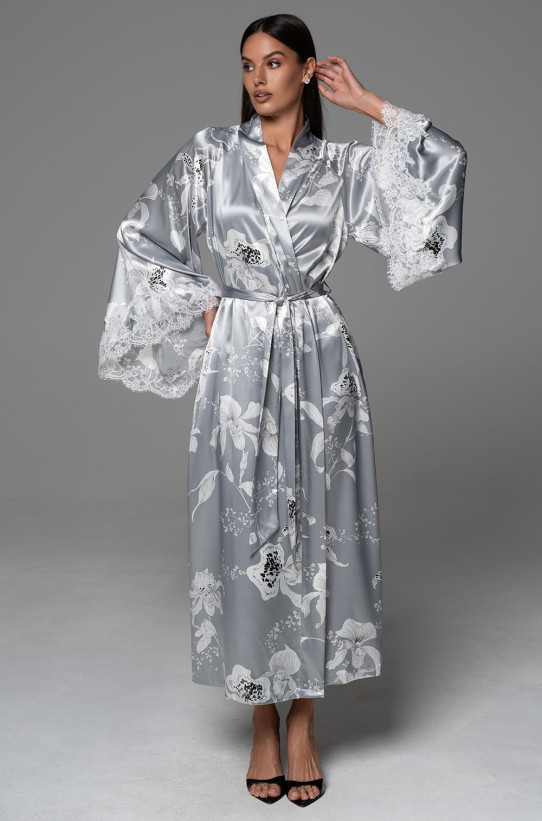 Халат длинный кимоно женский Arabel 4779 'Mia-Amore' - серебристый, шелковый, с кружевом