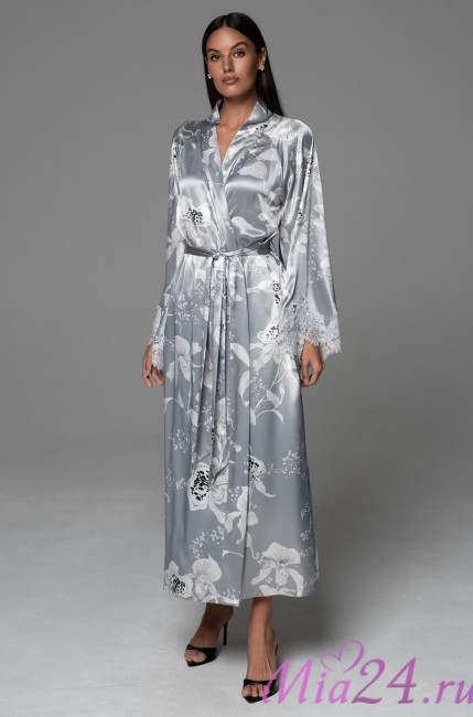Халат длинный кимоно женский Arabel 4779 'Mia-Amore' - серебристый, шелковый, с кружевом