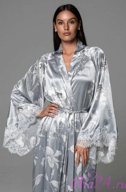 Халат длинный кимоно женский Arabel 4779 'Mia-Amore' - серебристый, шелковый, с кружевом