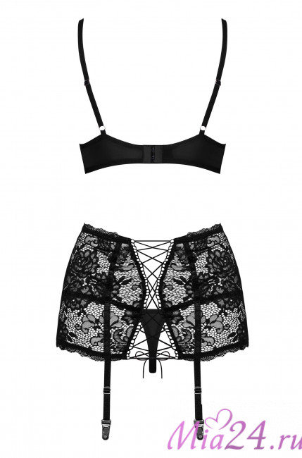 Комплект кружевного белья 3 предмета Obsessive Peonesia set черный Комплект кружевного белья 3 предмета Obsessive Peonesia set черный