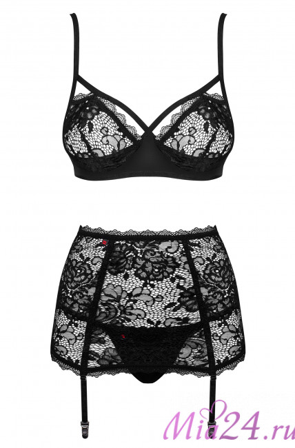 Комплект кружевного белья 3 предмета Obsessive Peonesia set черный Комплект кружевного белья 3 предмета Obsessive Peonesia set черный