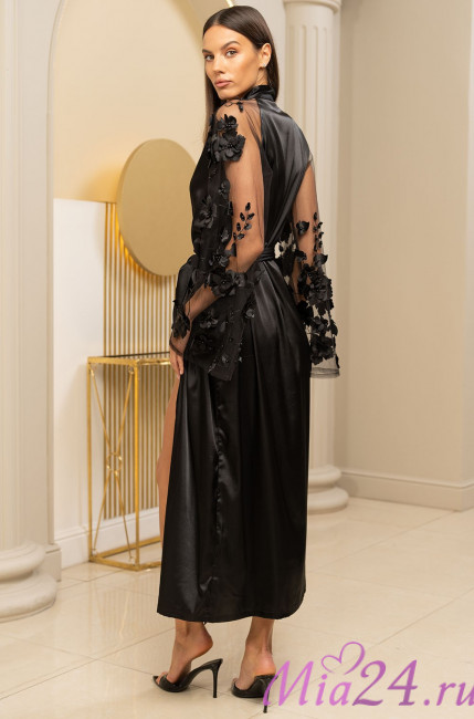 Халат длинный женский Florinda 4277 'Mia-Amore' - шелковый, с объемными цветами на сетке Халат длинный женский Florinda 4277 'Mia-Amore' - шелковый, с объемными цветами на сетке