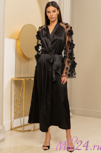 Халат длинный женский Florinda 4277 'Mia-Amore' - шелковый, с объемными цветами на сетке Халат длинный женский Florinda 4277 'Mia-Amore' - шелковый, с объемными цветами на сетке