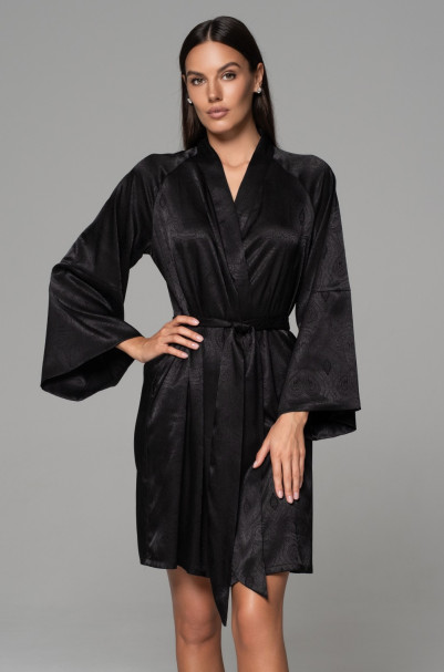Халат короткий запашной женский Anora (Анора) 4803 Mia-Amore - черный, жаккардовый, шелковый, с карманами и поясом