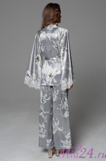 Комплект-тройка женский Arabel 4776 'Mia-Amore' - серебристый, жакет, топ и брюки-палаццо, с кружевом 