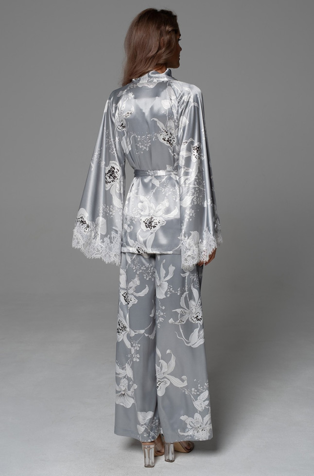 Комплект-тройка женский Arabel 4776 'Mia-Amore' - серебристый, жакет, топ и брюки-палаццо, с кружевом 