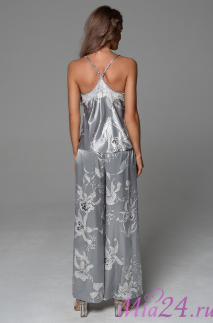 Комплект-тройка женский Arabel 4776 'Mia-Amore' - серебристый, жакет, топ и брюки-палаццо, с кружевом 