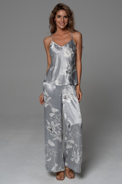 Комплект-тройка женский Arabel 4776 'Mia-Amore' - серебристый, жакет, топ и брюки-палаццо, с кружевом 